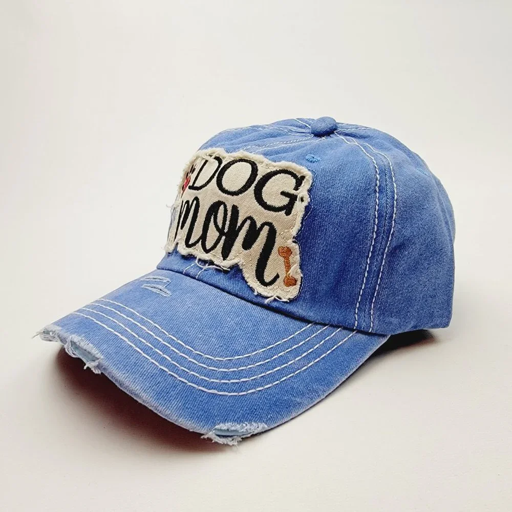 Dog Mom Distressed Relaxed Buckle Strap Full Cover Baseball Hat Cap Blue